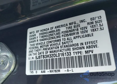 2013 Acura Rdx из США, поврежденный, VIN 5J8TB3H32DL016133